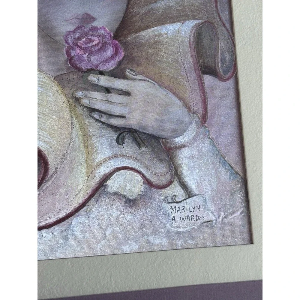 Vintage Marilyn Ward Manifestations Foil Art Framed Harlequin Girl With Rose - Picture 3 of 14